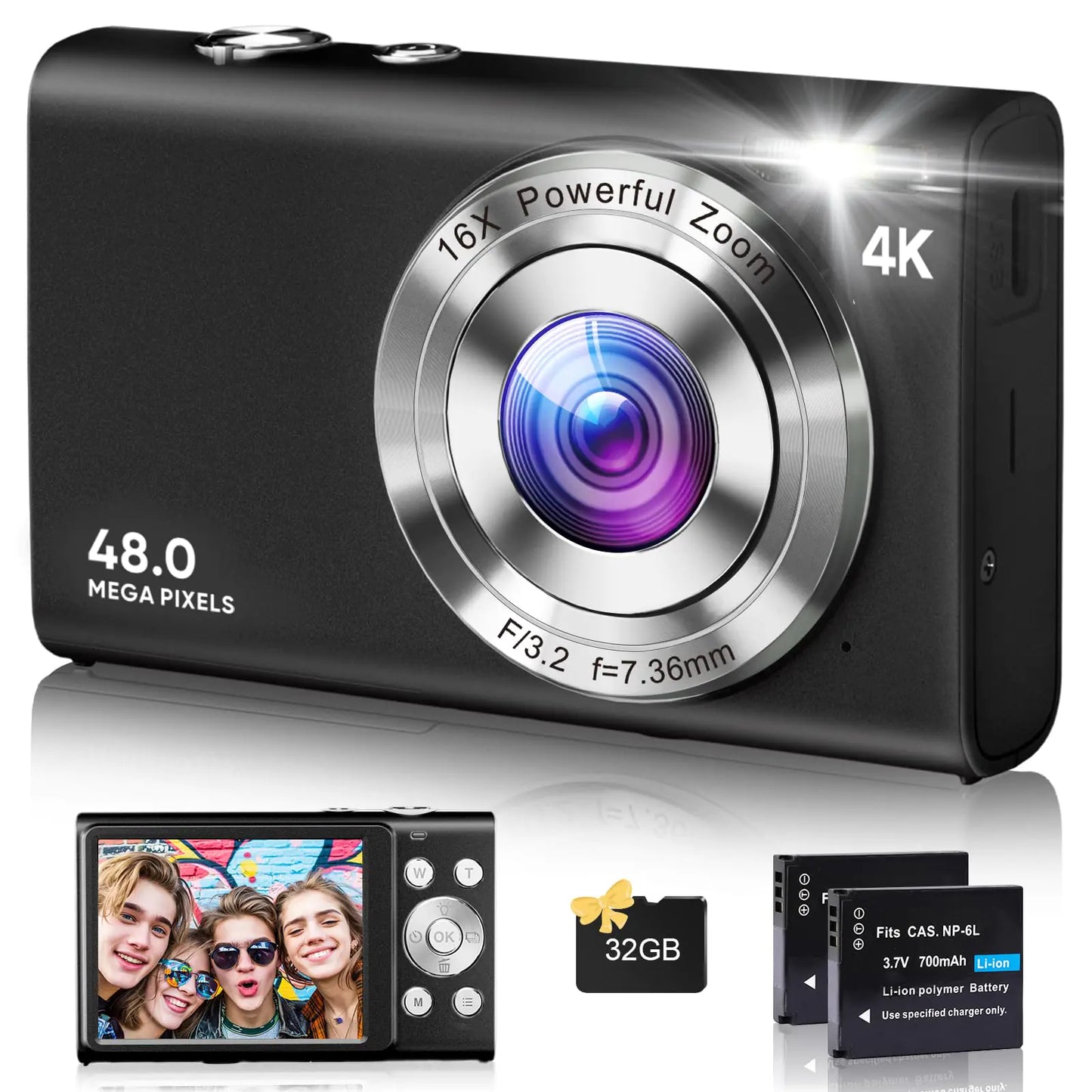 Digital Camera 4K Autofocus Cameras for Photography 48MP Anti-Shake Vlogging Camera for YouTube 16X Digital Zoom Compact Point and Shoot Cameras with 32GB Card Camera for Teens Adult Beginner-Black