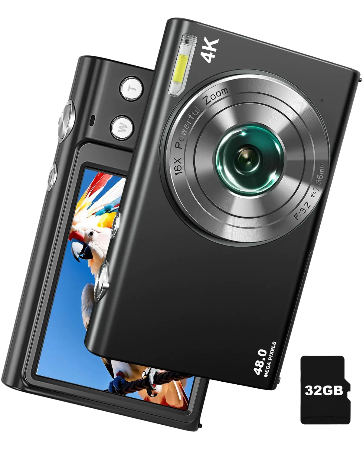 IGXHAVIZ 4K Digital Camera 48MP Camera for Photography and Video Autofocus Anti-Shake 16X Zoom Compact Camera with 32GB Card 2 Batteries Charger Point Shoot Camera for Teens Adult Beginner(Black)