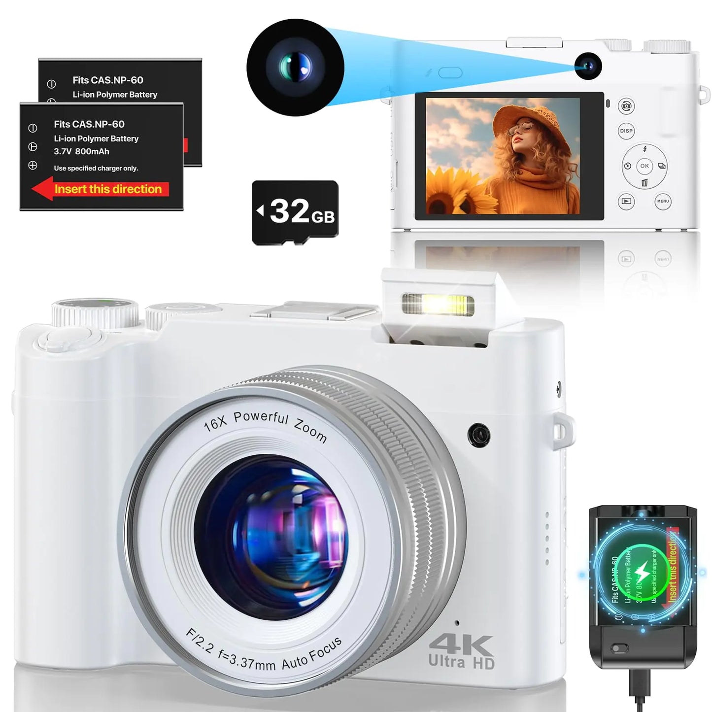 4K Digital Camera 64MP Dual Cameras for Photography Autofocus Anti-Shake Video Vlogging Camera for YouTube Compact Travel Camera with 32GB SD Card 16X Digital Zoom Flashlight 2 Batteries+Charger