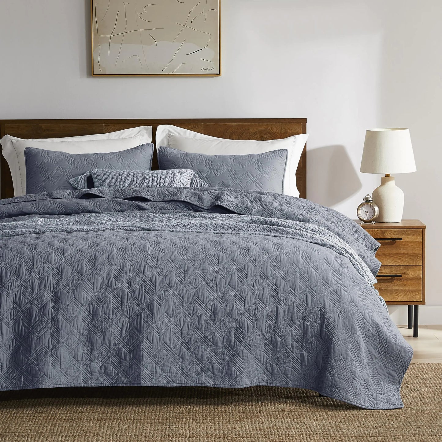 WDCOZY Blue Grey 100% Cotton Quilt Bedding Sets King Size with 2 Pillow Shams Shabby Chic Rustic Textured Gauze Lightweight Country Soft Bedspread Coverlet for All Season 3 Pieces 106x96 inches
