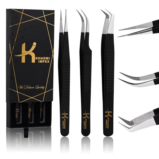 Eyelash Extension Tweezers KHADMI IMPEX Fiber Tip Lash Tweezers - Set of 3 Eyelash Tweezers - Straight and Curved And Volume Eye Lash Tweezers for Extensions (Black)