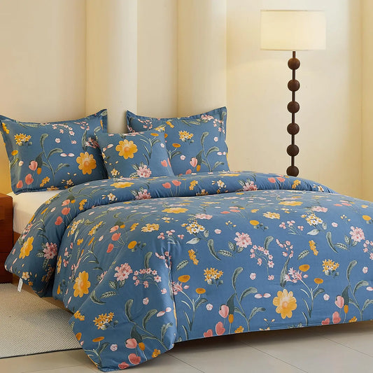 Vaulia Blue King Comforter Set Lightweight Elegant Flower Bed Set Comforter for All Season 4 Pieces Floral Printed Hot Sleeper Bedding Sets with Square Decor Pillow Cover 2 Pillow Shams