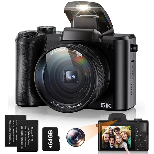 5K Digital Camera 5X Optical Zoom Cameras for Photography 64MP Front and Rear Dual Cameras Vlogging Camera for YouTube Video with 3.2" IPS Touchscreen 6-Axis Stabilization 64G TF Card 2 Batteries