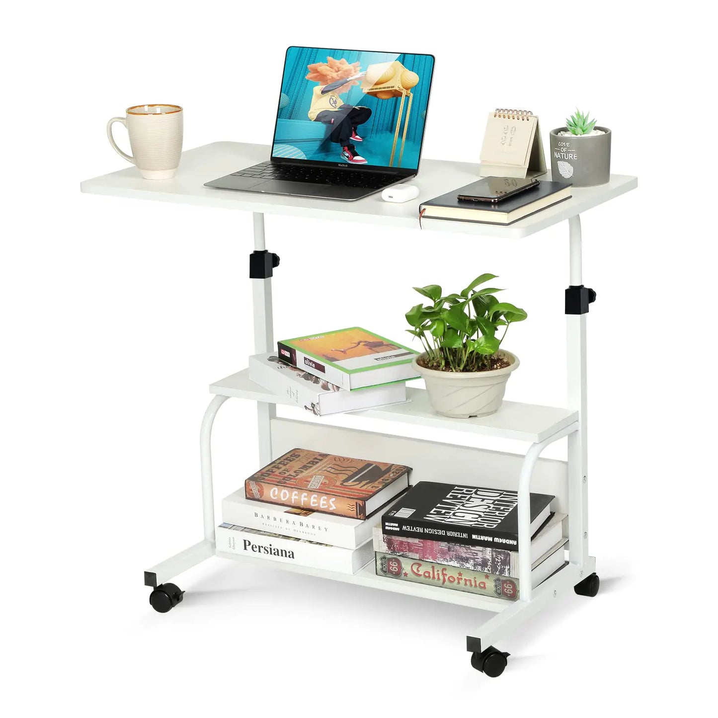 QZMDSM Portable Rolling Desk on Wheels Small Standing Desk Adjustable Height Desks with Wheels for Small Spaces 32" Computer Desk with Storage Shelves for Home Office Study White