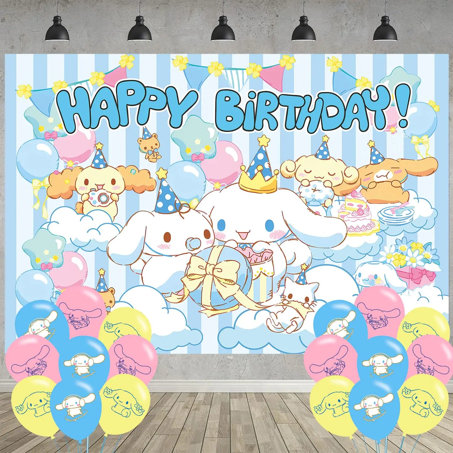 Cinnamoroll Birthday Party DecorationCinnamoroll Party Photo Background 5 x 3 FT and 18 Pcs BalloonDog Merch Party Backdrop Supplies