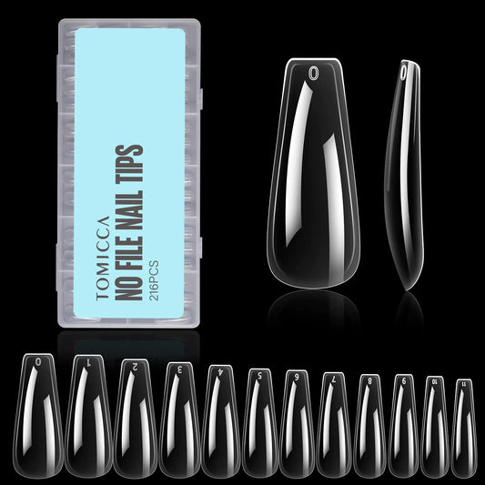 TOMICCA Acrylic Nails 216Pcs Long Coffin Clear Pre Shaped Full Cover Press on Nails Soft False Nails Soak Off Easy Nail Extension Tips for DIY Nails Art Home