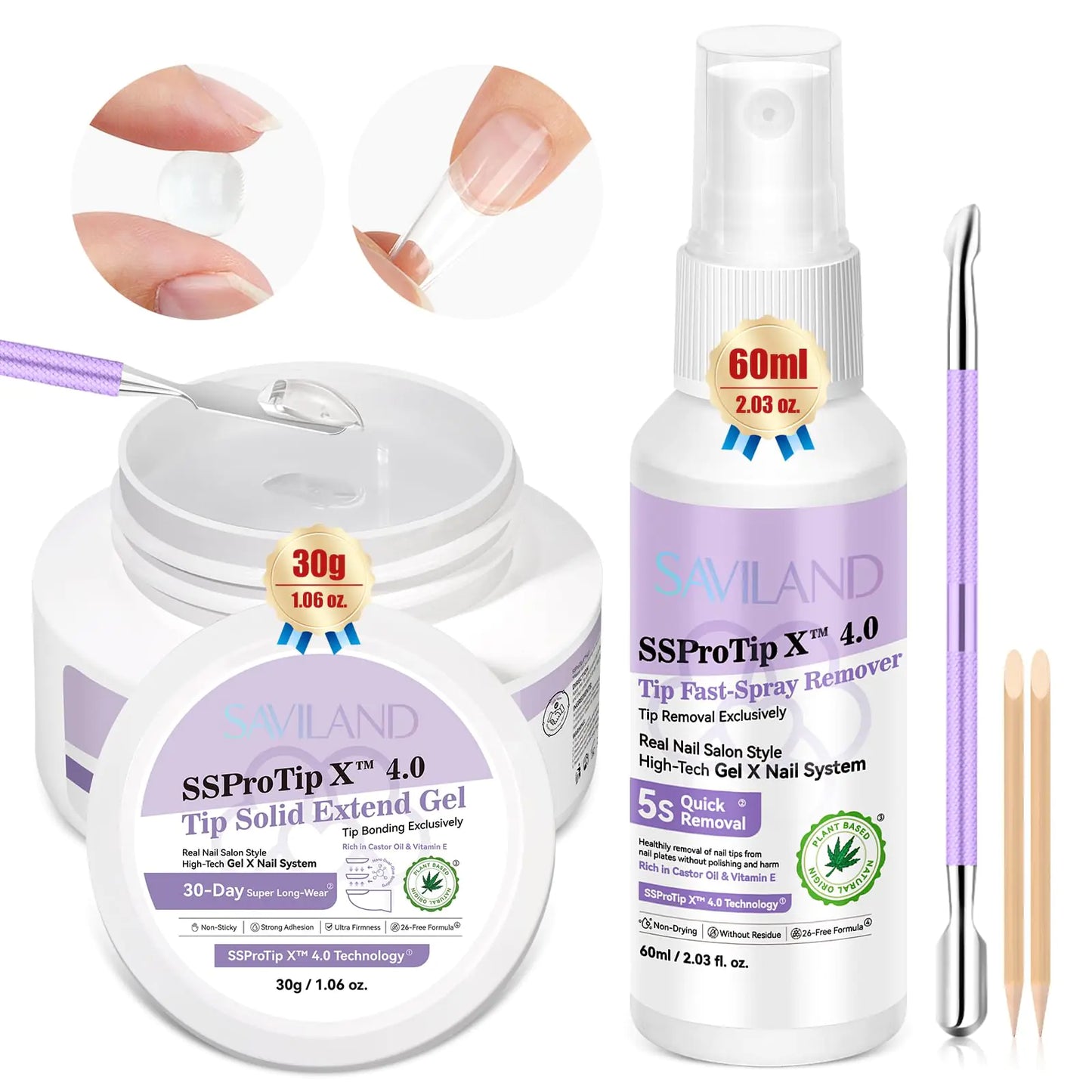 SAVILAND Solid Nail Glue Gel & Remover Kit: 60ML Nail Glue Remover for Press on Nails Tools Kit 30g Strong Gel X Nail Glue U V Nail Glue Gel Remover for Nails Castor Oil VE Nail Tech Manicure