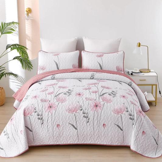 Dinjoy King Size Quilt Set Floral3 Piece Pink/Blush Farmhouse Bedding Set Lightweight Flower Bedspreads White Coverlet Bed Sets Boho King Quilts for Girls All Season(90"x104")