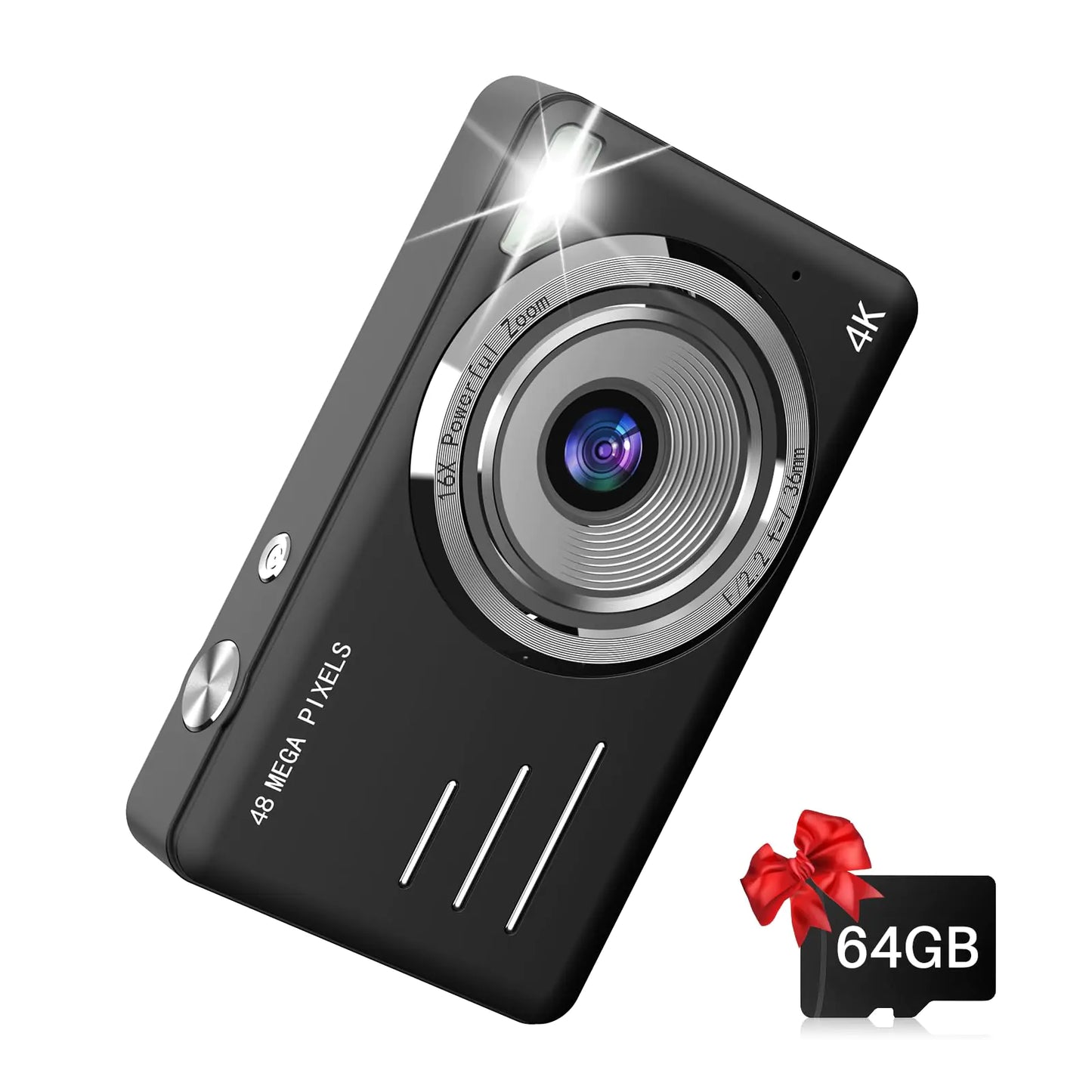 Digital Camera 4K Kids Camera with 64GB Card Compact Small Point and Shoot Vintage Vlogging Retro Camera for Photography 16x Zoom Autofocus Flash Gift for Children Teen Beginner Girl Black