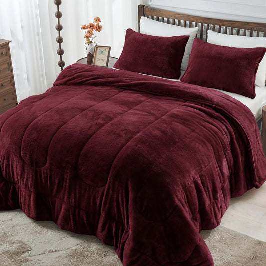 HCORA Faux Fur Queen Comforter Set Super Soft Double-Sided Fuzzy Bedding Comforter Sets 3 Pieces Cozy Warm Fluffy Plush Bed Comforter for Winter Non-Shedding (90"x90" Red)