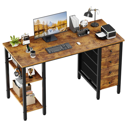 Lufeiya 47 inch Desk with 4 Drawers & Storage Shelves Writing Work Study Computer Desk for Home Office Bedroom Modern Simple Student PC Desks Table Rustic Brown