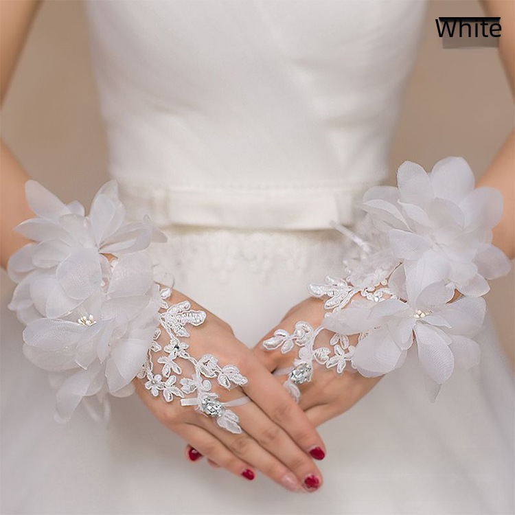 Bride Wedding Dress Gloves with Red Flowers & Lace
