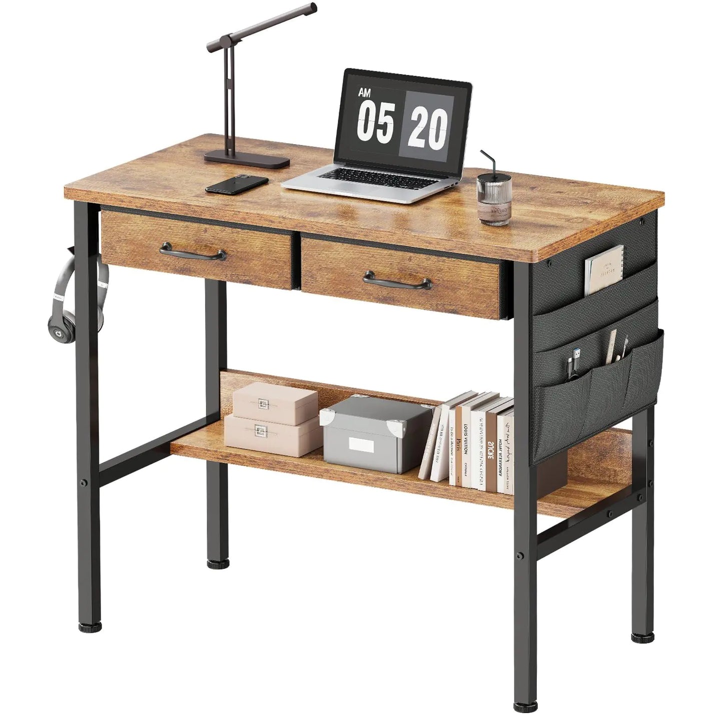 Maihail Small Desk with Drawers for Bedroom Small Vanity Desk Without Mirror 31.5inch Writing Desk with Bookshelf Computer Desk with Storage Drawers Vanity Table no Mirror Rustic Brown