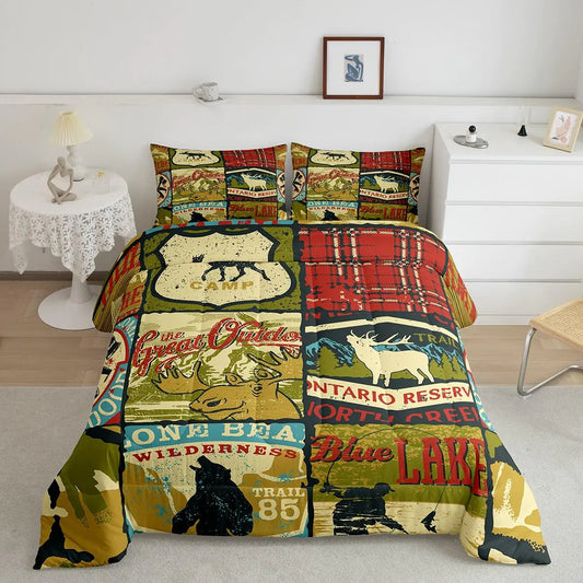 Hunting Bear Comforter Set Rustic Farmhouse Bedding Sets for Kids Teens Adult Cabin Lodge Decor Vintage Woodland Wildlife Moose Down Comforter Retro Buffalo Plaid Quilted Duvet Yellow Red Queen
