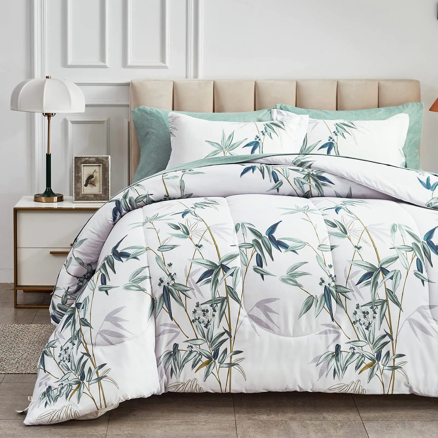 6 Pieces Bed in a Bag Twin Comforter Set with Sheets Green Leaves on White Botanical Design Bedding Sets for Kids (1 Comforter 2 Pillow Shams 1 Flat Sheet 1 Fitted Sheet 1 Pillowcases)