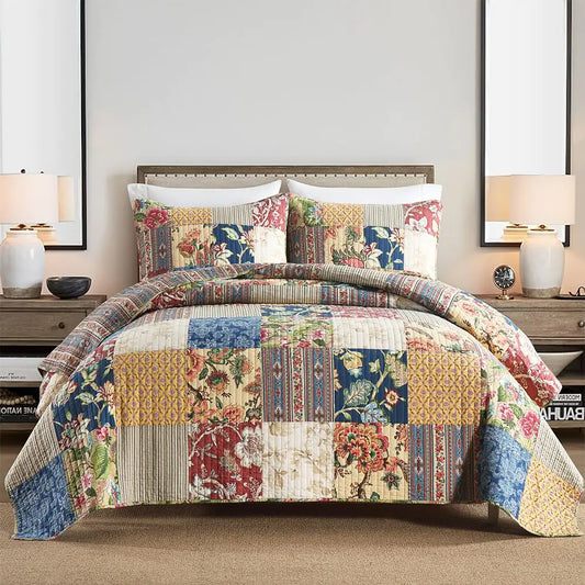 VISIMISI Cotton Bedspread Quilt Sets Reversible Bedding Coverlet Sets 3 Pieces Gorgeous Rustic Vintage Floral Red Yellow Patchwork Bedspread Queen Size