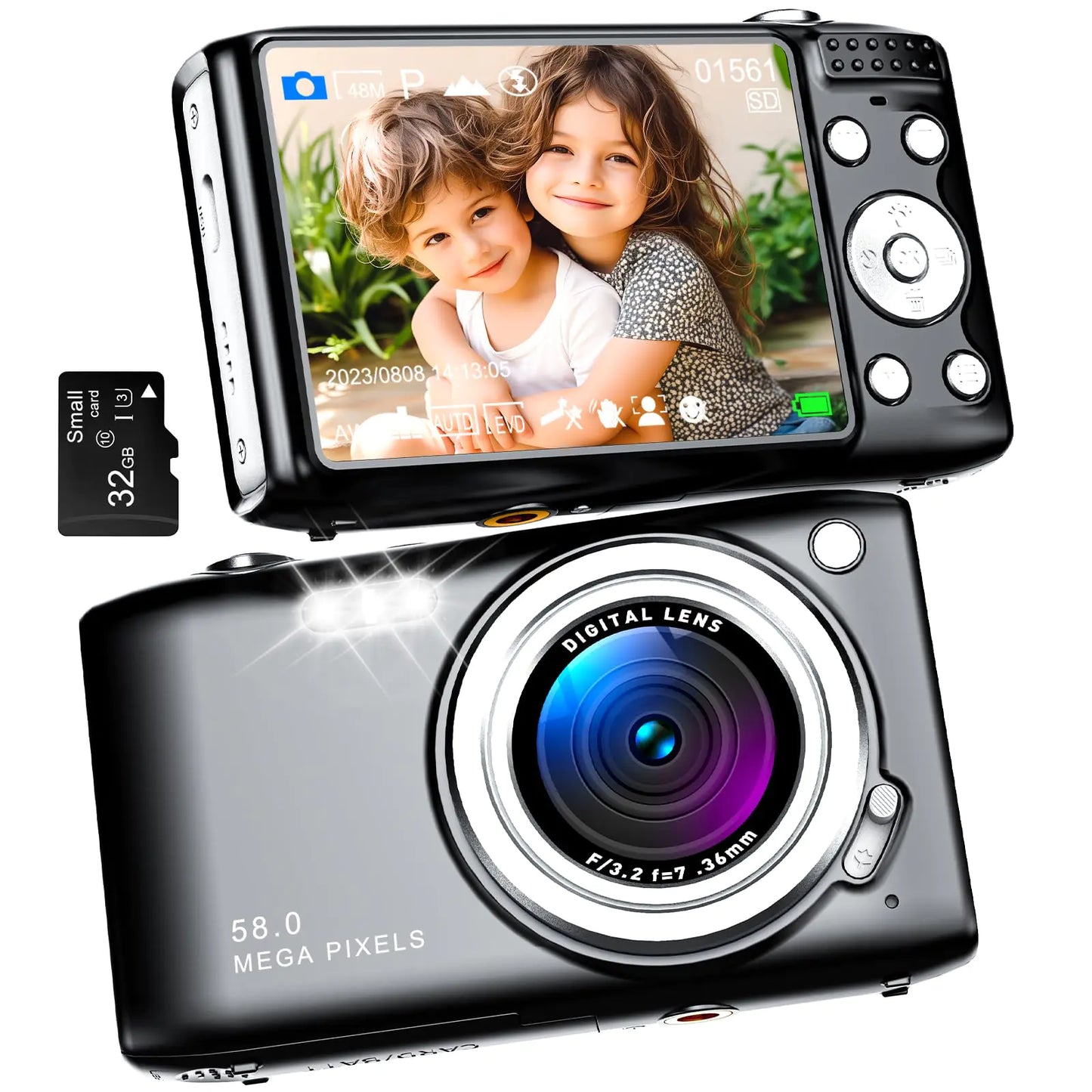 Digital Camera Autofocus UHD 58MP 4K Vlogging Camera 16X Zoom Point and Shoot Camera for Photography Vlogging Compact Camera for Teens Adult Beginner with 32GB SD Card Flash Anti-Shake Black