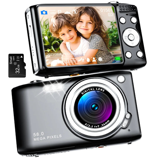 Digital Camera Autofocus UHD 58MP 4K Vlogging Camera 16X Zoom Point and Shoot Camera for Photography Vlogging Compact Camera for Teens Adult Beginner with 32GB SD Card Flash Anti-Shake Black
