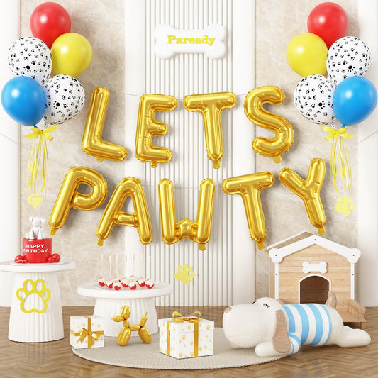 Paready Lets Pawty Dog Balloons Set 19 Pcs 16 Inch Gold Lets Pawty Foil Balloons Banner Yellow Red Blue Latex Party Balloons Dog Paw Print Balloons for Pet Dog Lets Pawty Birthday Party Decorations
