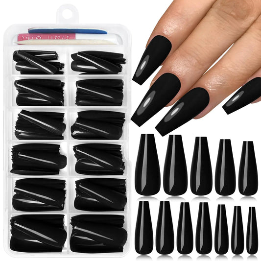 Lifextol 120PC Black Coffin Press on Nails Long Fake Nails Press ons with Glue Nail Adhesive Tabs 12 Sizes Long Acrylic Nails Press on Nails Coffin Black Stick Nails Tips Artificial Fingernails