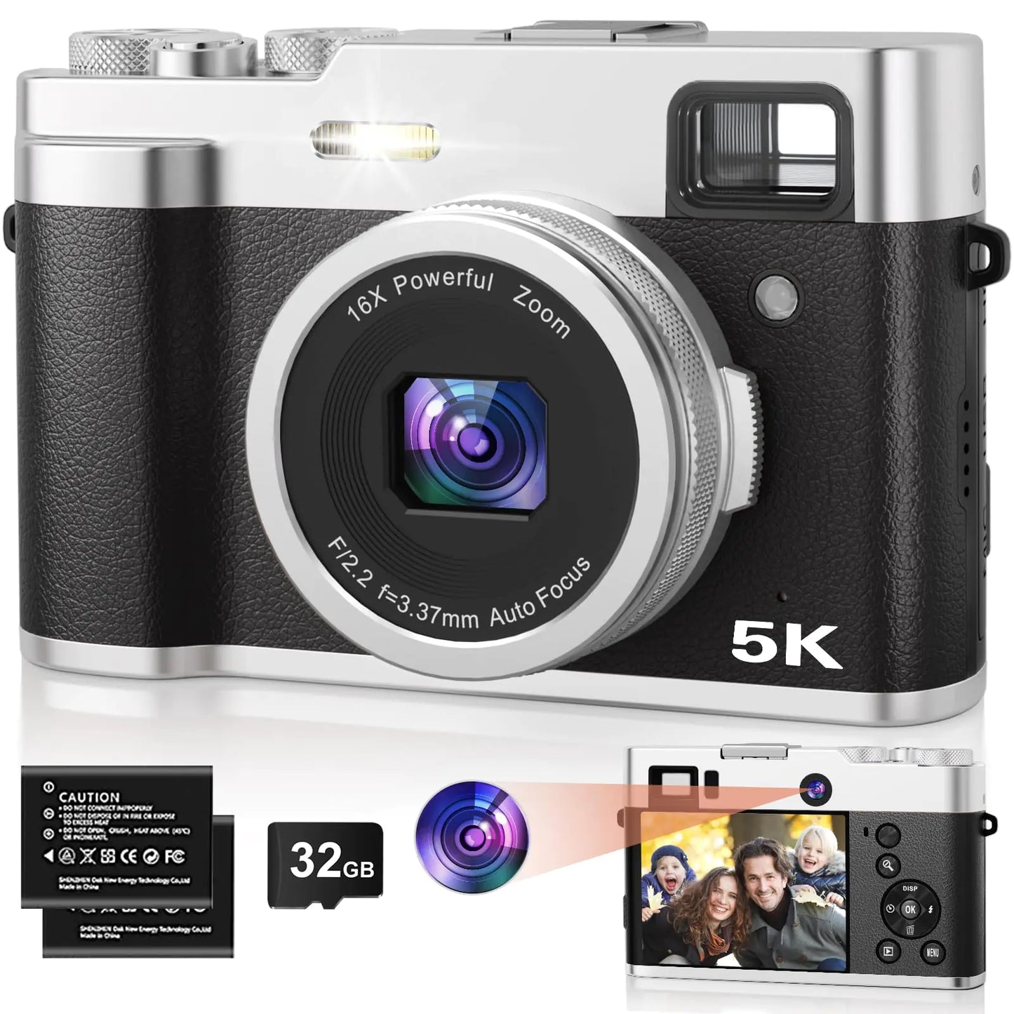 5K Digital Camera for Photography 48MP Dual Camera Autofocus Vlogging Camera for YouTube with Viewfinder16X Digital Zoom Anti Shake Compact Travel Camera with 32GB SD Card 2 Batteries