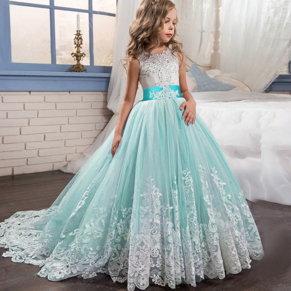Girls' Color Matching Wedding Dress with Puffy Skirt