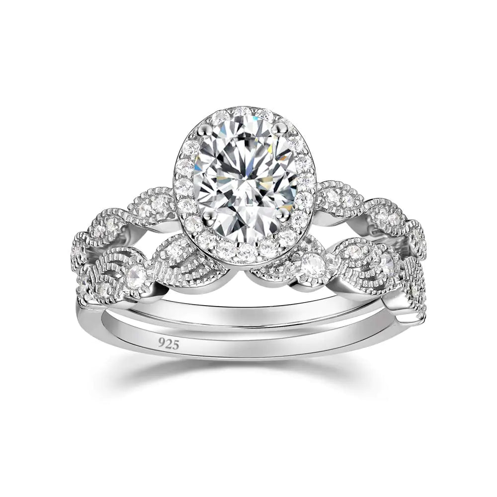 EAMTI 1.5CT 925 Sterling Silver Bridal Rings Sets Oval Cubic Zirconia Halo CZ Engagements Rings Wedding Bands for Women Promise Rings for her Size 8.5