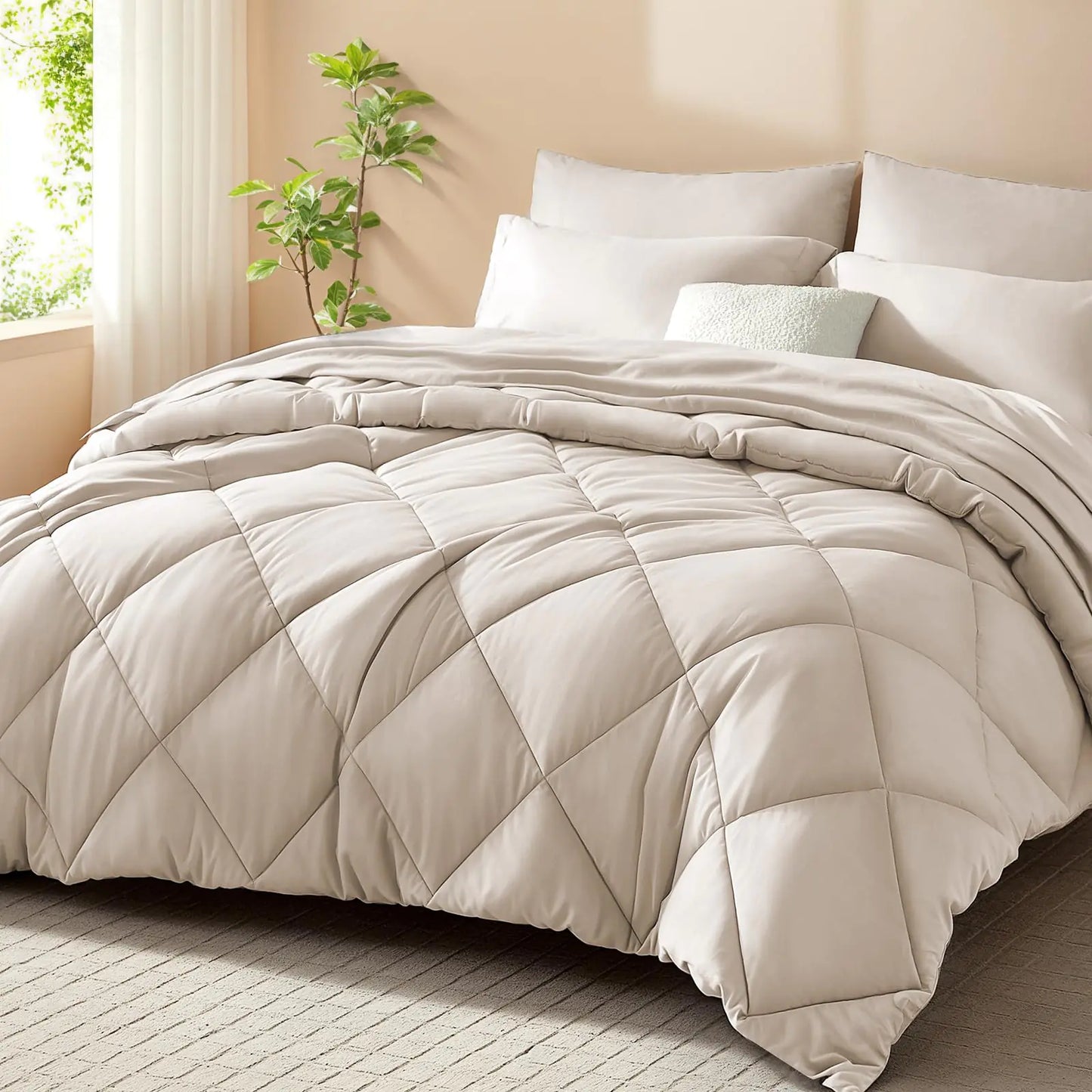 SunStyle Home Full Comforter Sets 7-Pieces Bed in a Bag with Comforter and Sheets All Season Bedding Sets with Comforter Flat Sheet Fitted Sheet Pillow Shams and Pillowcases (Beige)