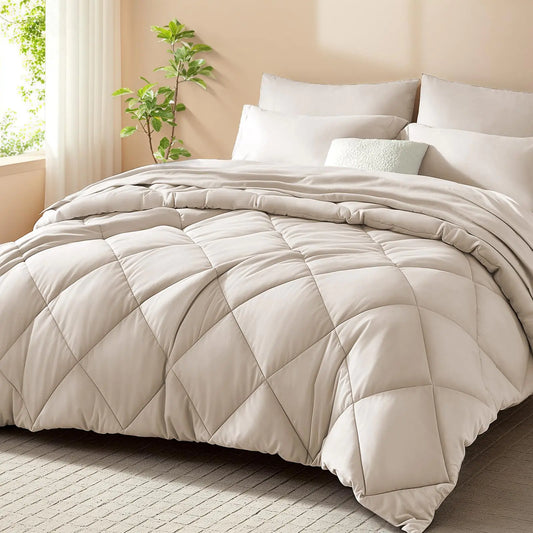 SunStyle Home Full Comforter Sets 7-Pieces Bed in a Bag with Comforter and Sheets All Season Bedding Sets with Comforter Flat Sheet Fitted Sheet Pillow Shams and Pillowcases (Beige)