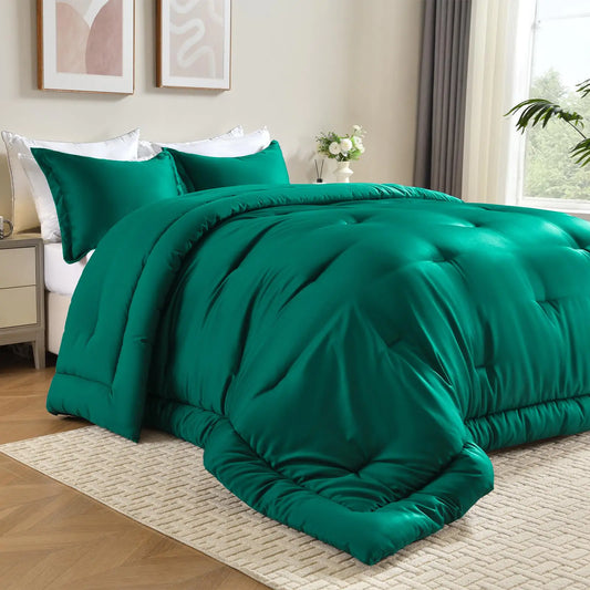 Cosmoluxe Matte Satin Silky Queen Comforter Set Emerald Green 3 Pieces Reversible Lightweight Bedding Comforter Sets Similar to Silk Soft 1 Comforter(88"x88") and 2 Pillowshams(20"x26")