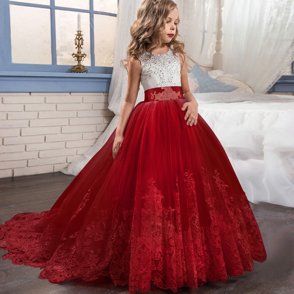 Girls' Color Matching Wedding Dress with Puffy Skirt