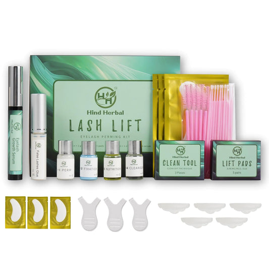 Hind Herbal Set of 32 Premium Lash Lift Kit Curling Eye Lash Perm Lift Kit with Eye Lash Growth Serum Perm Lotions Eye Gel Patches Glue Mascara Brushes Cotton Swabs and Size Lift Pads