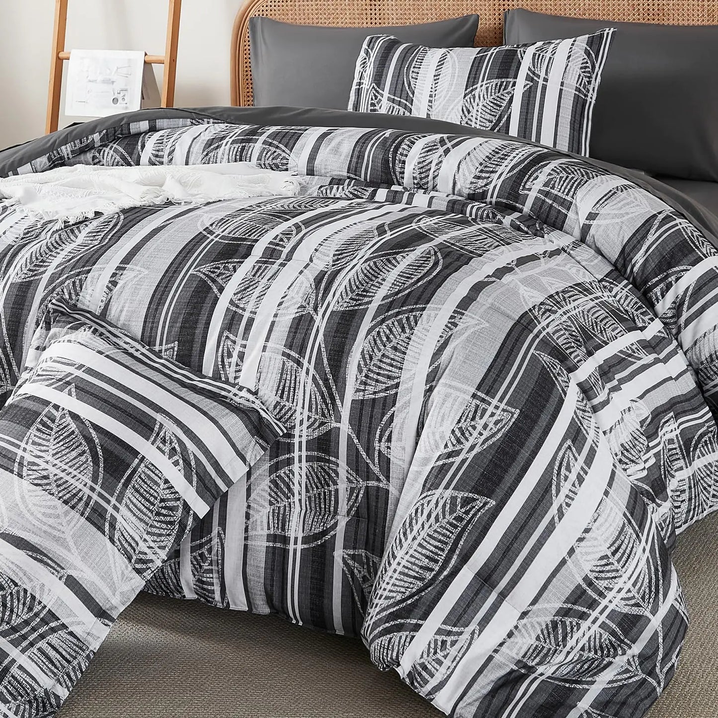 King Comforter Set 7 PiecesGrey Botanical Bed in a BagBoho Striped Comforter and Sheet SetSoft Microfiber Bedding Sets 90"x103"
