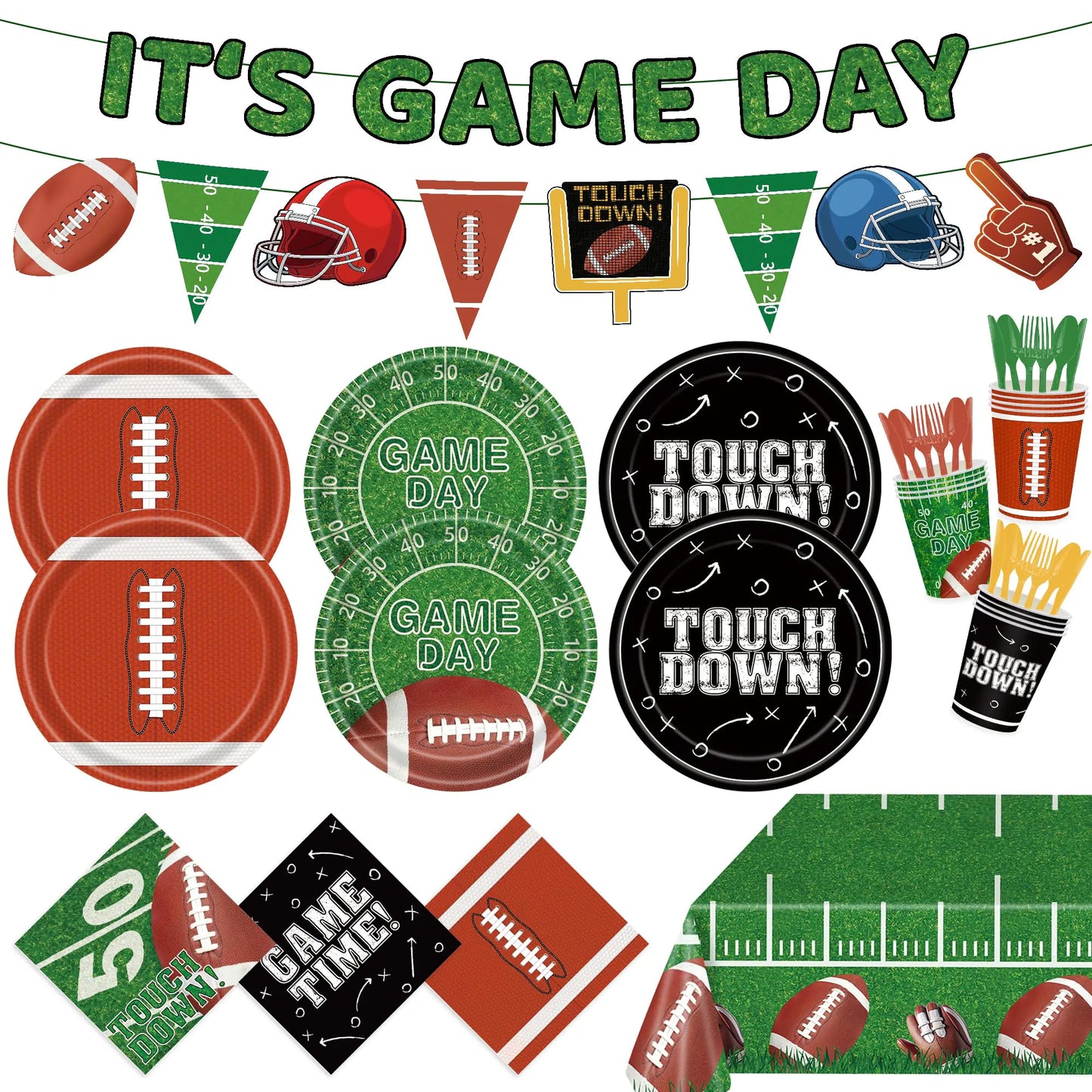 Football Party Supplies Serve 24 Includes Football Plates Dessert Plates Napkins Cups Banner and Tablecloth Football Party Decorations for Super Bowl Party Football Game Tailgate Party