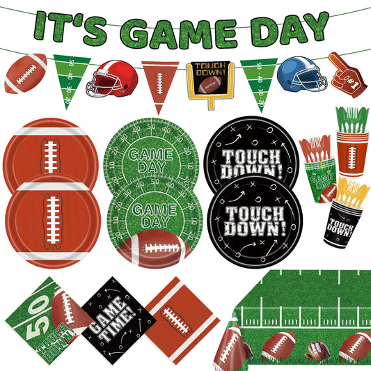 Football Party Supplies Serve 24 Includes Football Plates Dessert Plates Napkins Cups Banner and Tablecloth Football Party Decorations for Super Bowl Party Football Game Tailgate Party
