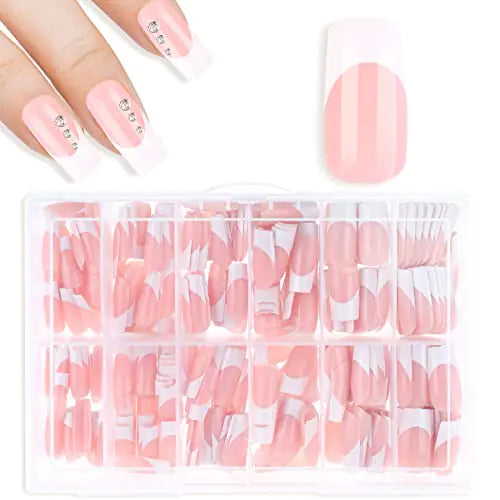 cobee Press on Nails Square Long 360 Pcs Coffin Fake Nails French Tip Nude Color False Nail Glossy Full Cover Glue on Nails Ballerina Nail Art Manicure Decorations for Women Girls(Rectangle)
