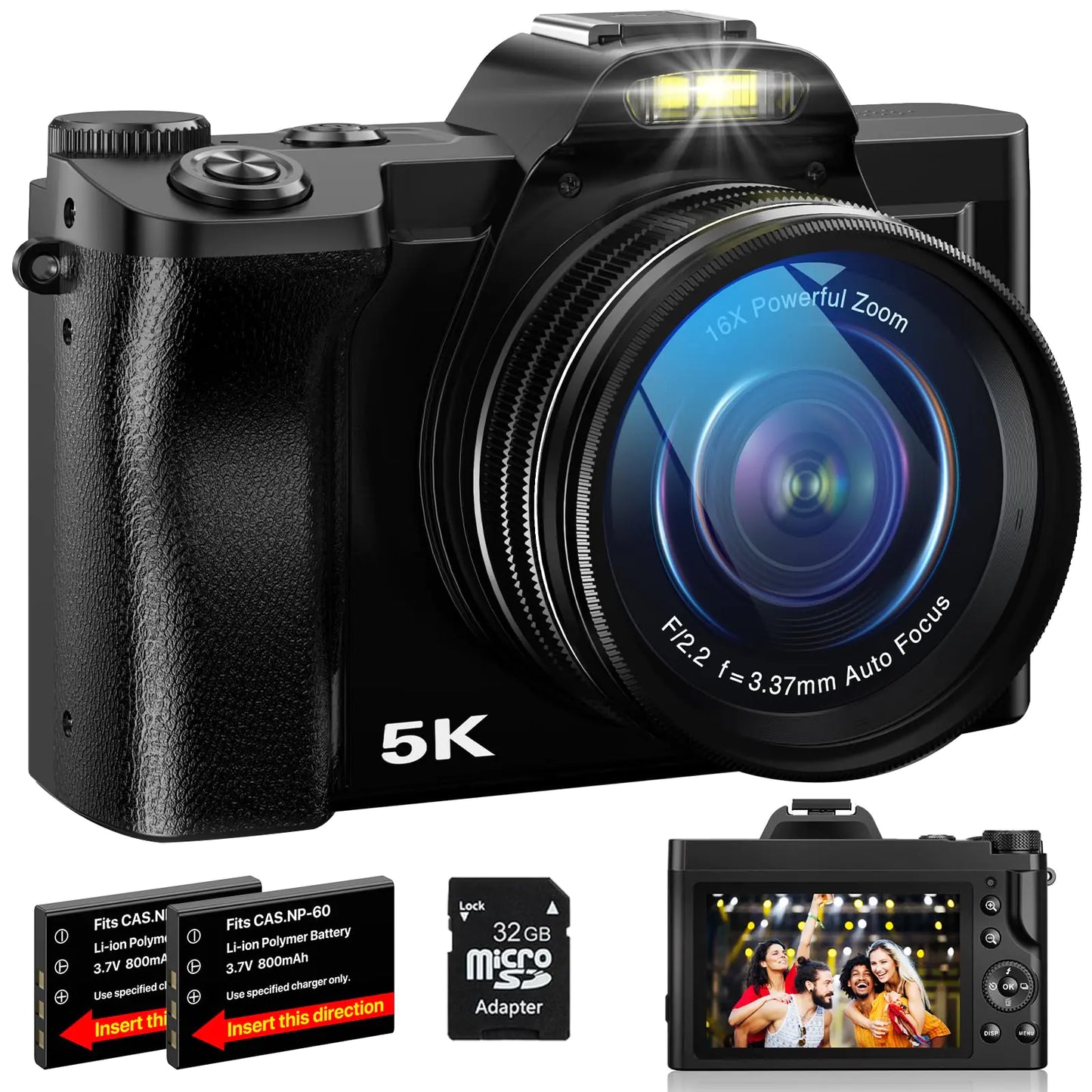 5K Digital Camera WiFi Autofocus Vlogging Camera for YouTube 48MP Camera for Photography and Video 3.5" Screen Travel Camera with UV Filter Anti-Shake16X Digital Zoom32GB SD Card2 Batteries