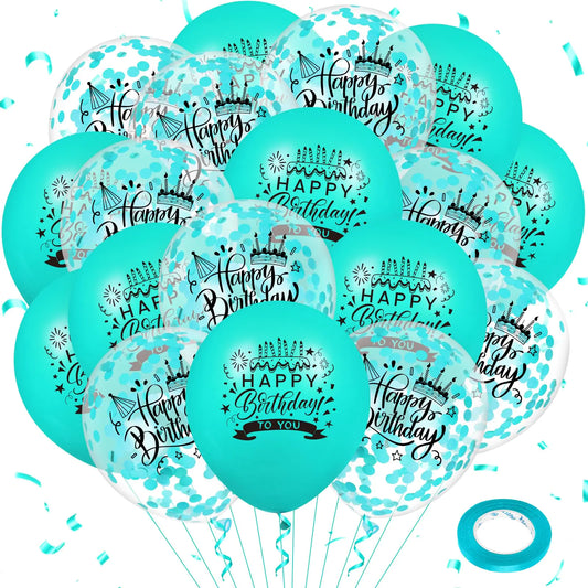 Teal Happy Birthday Party Balloons 18Pcs 12 Inch Birthday Latex Balloons Confetti Balloons Teal Blue Birthday Decorations for Kids Boys Girls Women Men Birthday Anniversary Party Supplies