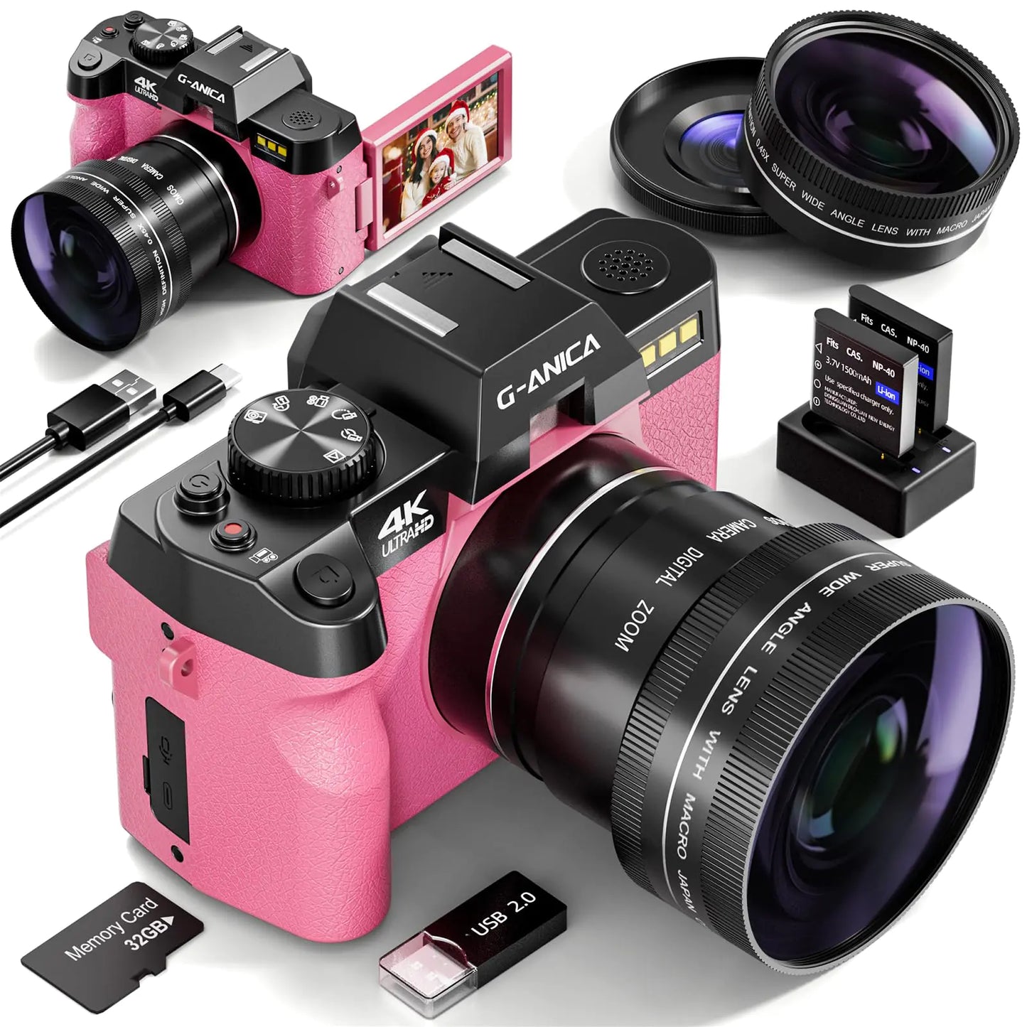 4K Digital Cameras for Photography 48MP Vlogging Camera for YouTube with WiFi 180° Flip Screen Compact Camera with Flash 16X Digital Zoom Travel Camera with Wide-Angle &Macro Lens(Pink)