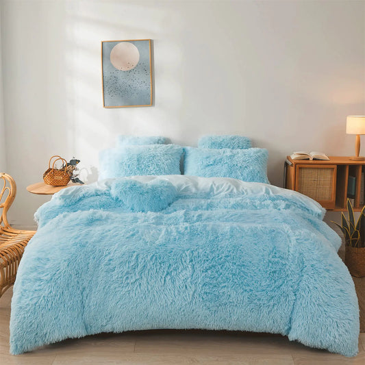 FOPPA Blue Fluffy Comforter Cover Set King- Ultra Soft Fluffy Blue Bedding Sets 3 Pieces (1 Duvet Cover + 2 Pillow case) Pink Fluffy Bed Set (Blue King)