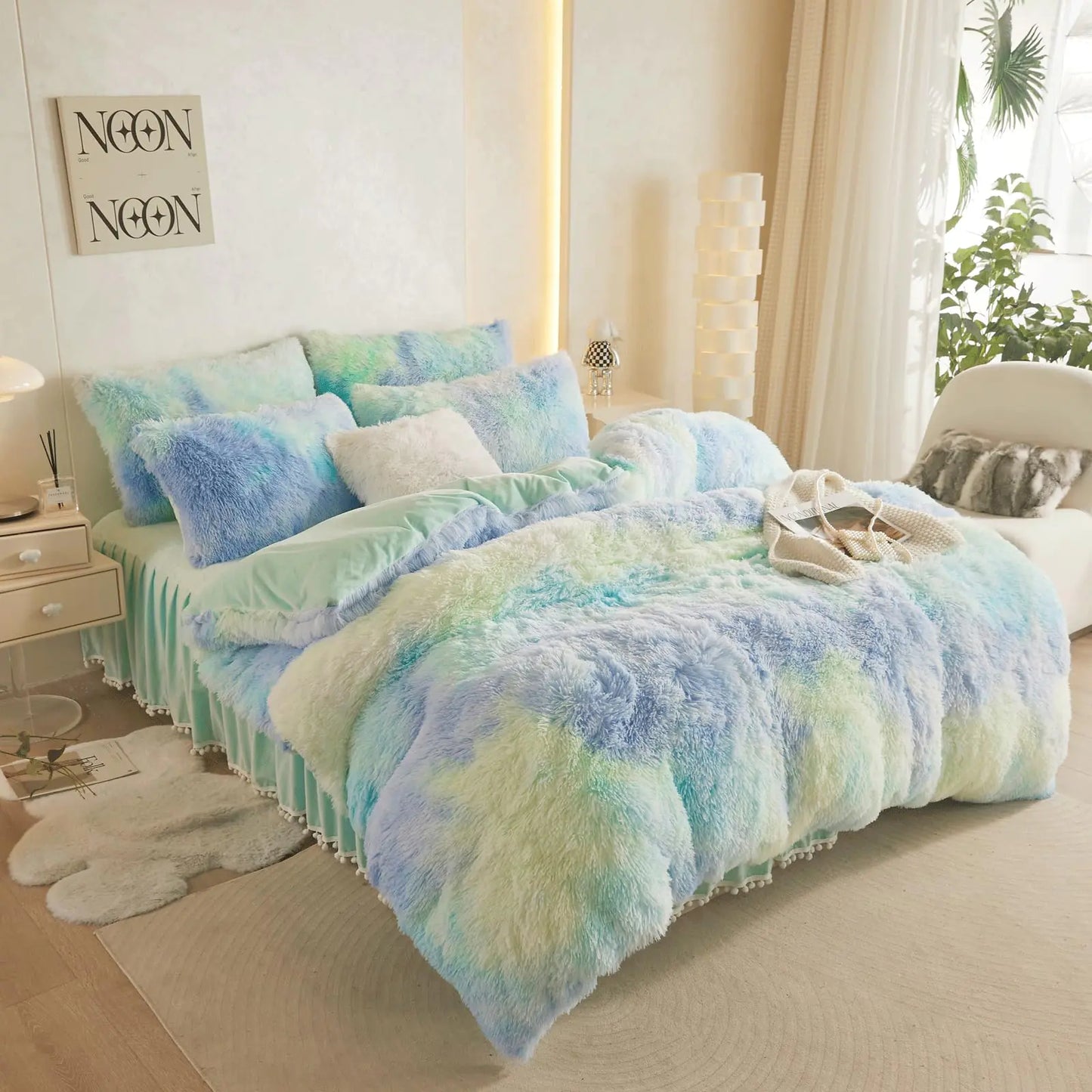 HAIHUA Fluffy Comforter Cover King Set，Faux Fur Comforter Cover Set 1 Pieces(1 Plush Duvet Cover) Faux Fur Bedding Sets KingSolid Color (Tie Dye Sage Green King)