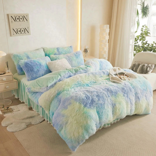 HAIHUA Fluffy Comforter Cover King Set，Faux Fur Comforter Cover Set 1 Pieces(1 Plush Duvet Cover) Faux Fur Bedding Sets KingSolid Color (Tie Dye Sage Green King)
