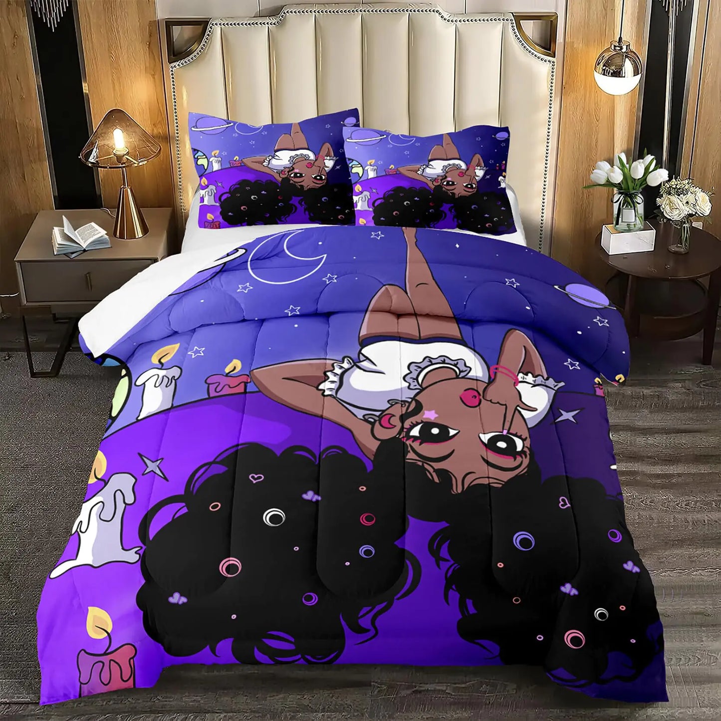 kodhyvj African American Girls Comforter Sets Black Girl Comforter Set Queen Cute Gilrs Bedding Set Purple Girls Bedroom Decor Kids Comforter Sets with 1 Comforter +2 Pillowcase