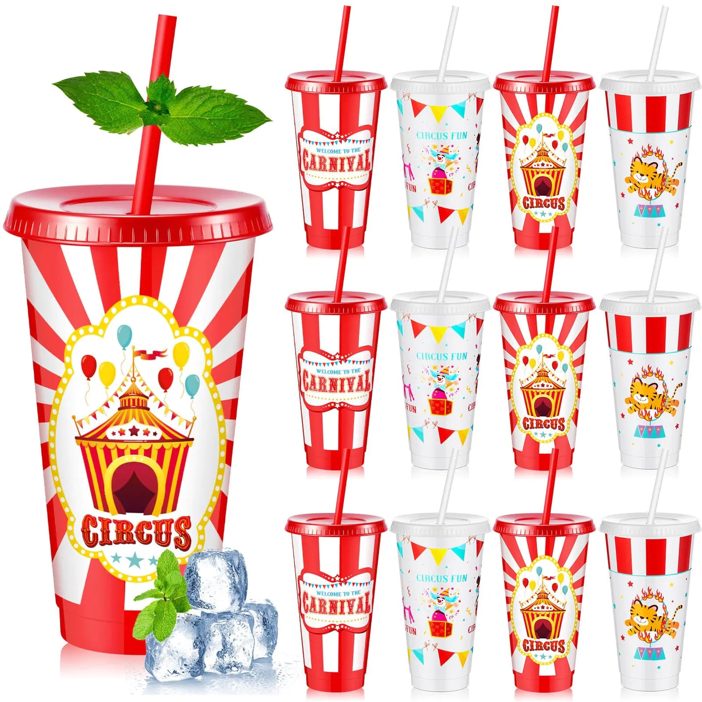 Uiifan 12 Pcs Circus Carnival Party Plastic Cups with Lid and Straw 24oz Reusable Carnival Tumbler Carnival Theme Party Decorations for Circus Carnival Party Birthday Party