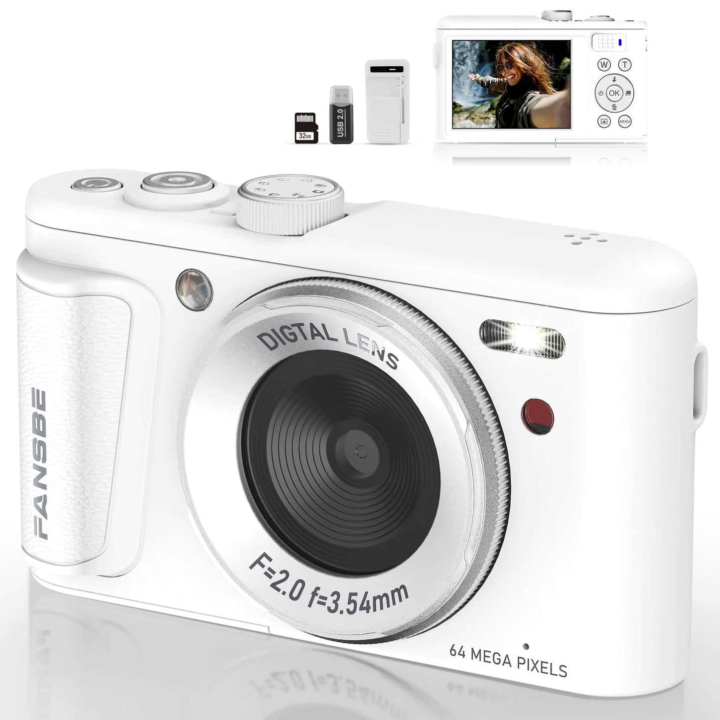 Fansbe Smart Digital Camera UHD 4K Vlogging Camera Photography Autofocus 64MP 18X Digital Zoom Digital Camera 32GB Card Anti-Shake Compact Point Shoot Camera Teens Adult Beginner Boy Girl White