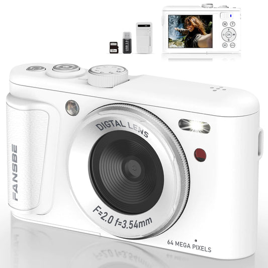 Fansbe Smart Digital Camera UHD 4K Vlogging Camera Photography Autofocus 64MP 18X Digital Zoom Digital Camera 32GB Card Anti-Shake Compact Point Shoot Camera Teens Adult Beginner Boy Girl White