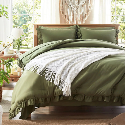 Anluoer Queen Comforter Set 7 Piece Olive Green Bed in a Bag with Sheets All Season Ruffle Shabby Chic Bedding Sets with 1 Comforter 2 Pillow Shams 2 Pillowcases 1 Flat Sheet 1 Fitted Sheet
