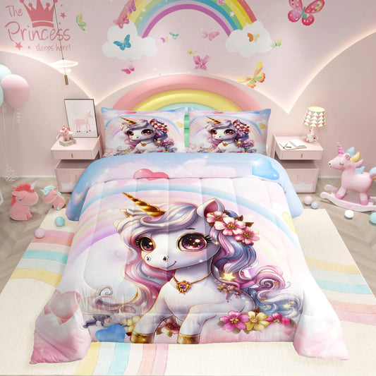 Erosebridal Pink Unicorn Queen Bedding Sets for Girls Rainbow Unicorn Comforter 3 Pcs Kawaii Rainbow Reversible Stars Bed Sets for Boys Teens Kids Unicorn Room Decor All Season