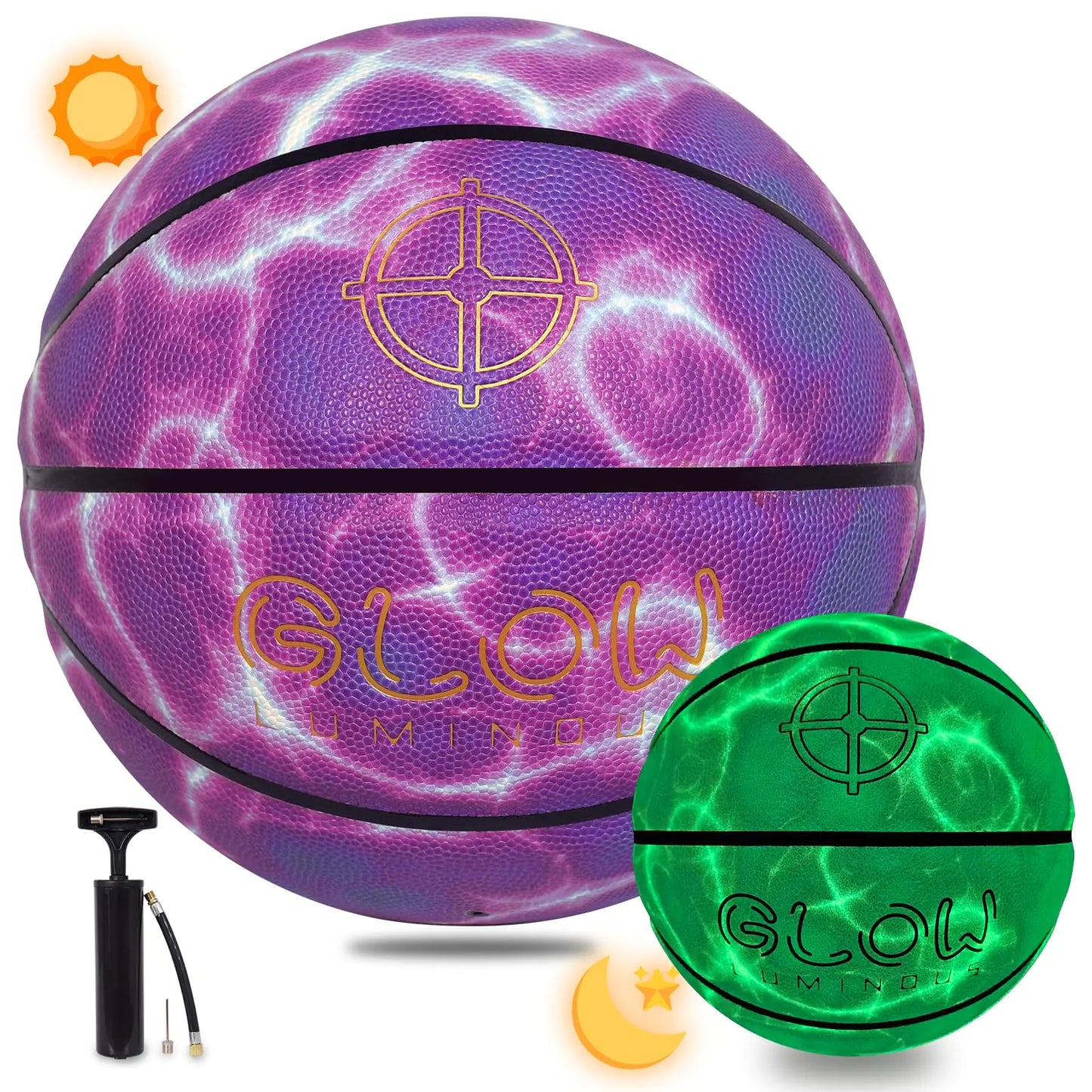 KUYOTQ Lightning Glow in The Dark Basketball Official Size 7 Glow Purple Basketball 29.5" in Dark for Night Play and Training Basketball Gifts (with Pump)