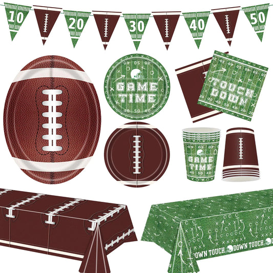 Football Party Decorations Serve 24 Football Party Supplies Kit Includes Plates Napkins Cups Banner and Tablecloth for Football Birthday Party Tailgate Superbowl Party Decorations